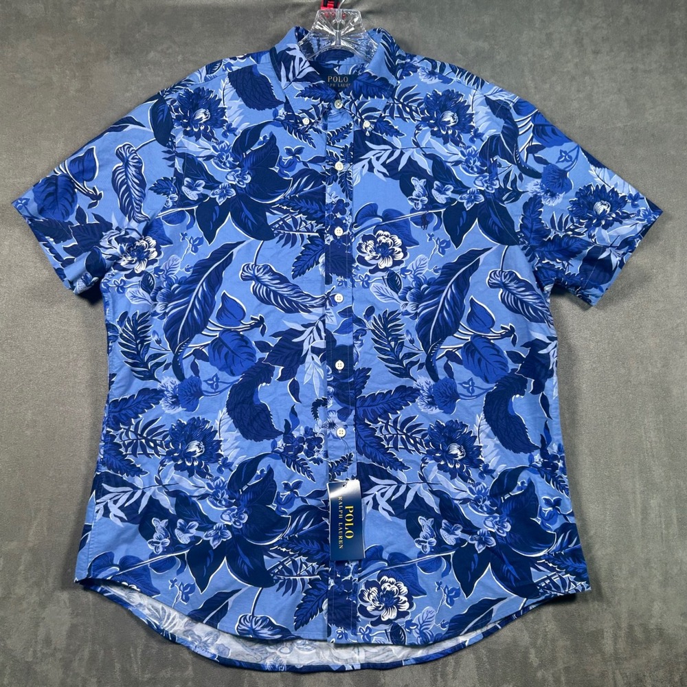 Polo Ralph Lauren Mens L Blue Floral Tropical Short Sleeve Button Down Shirt NWT